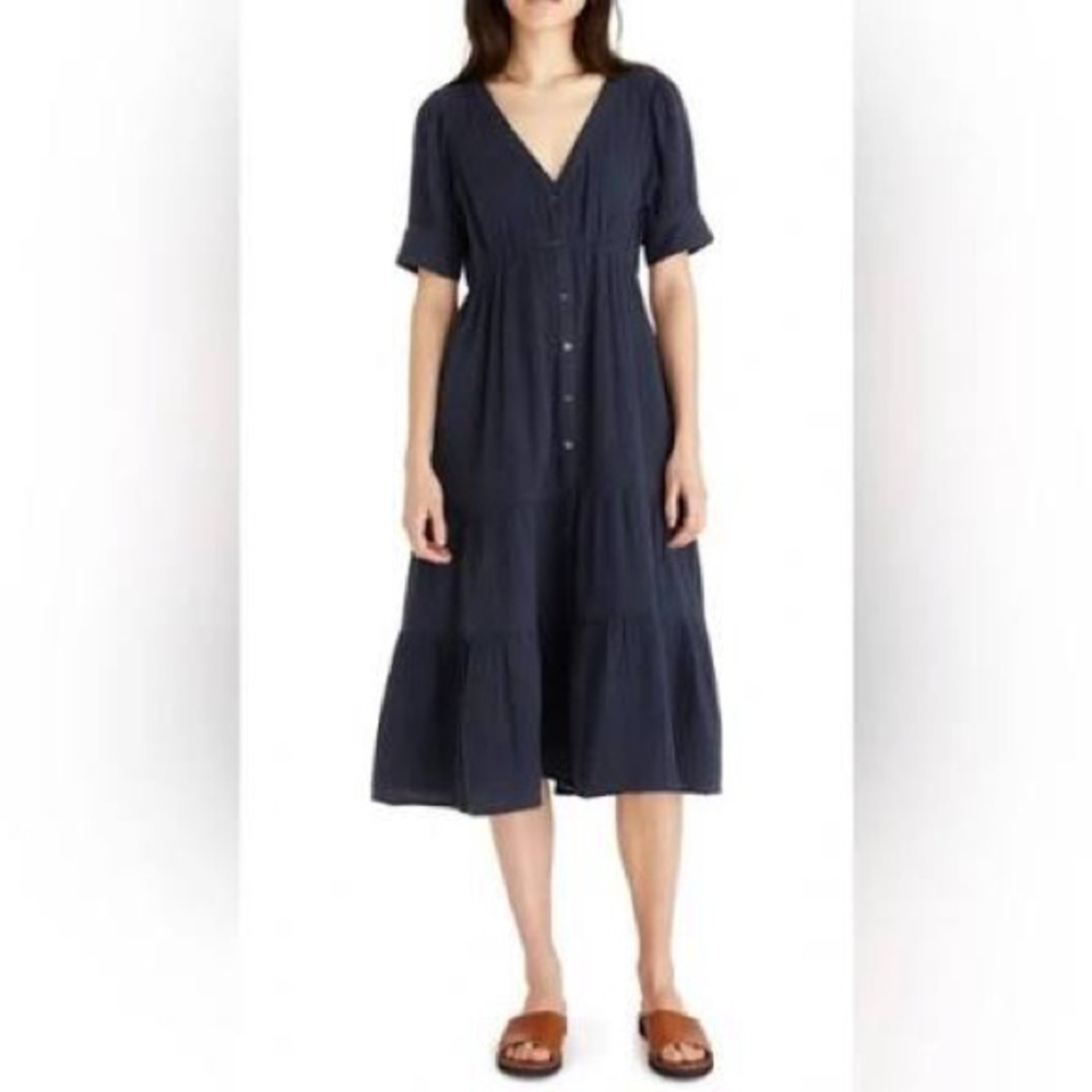 Madewell Lightspun Navy V-Neck Tiered Midi Dress
